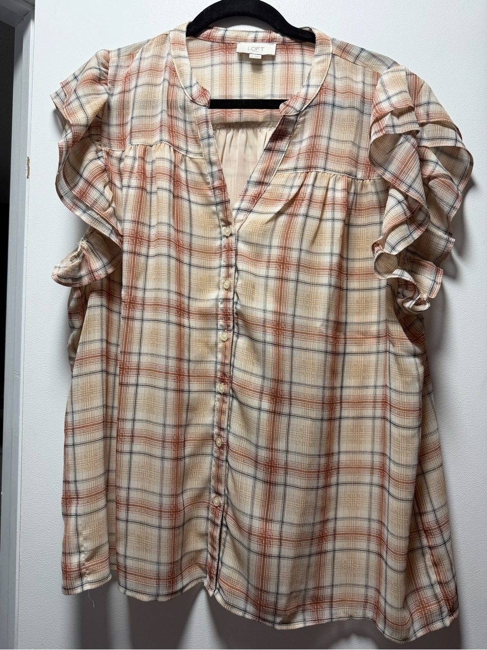LOFT Cream Plaid Ruffle-Sleeve Button Front Blouse